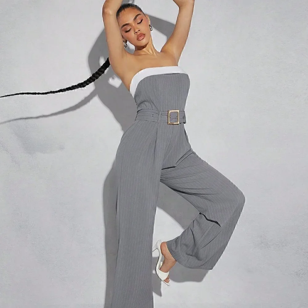 Grey Preppy Womens Pinstriped Tube Belted Jumpsuit